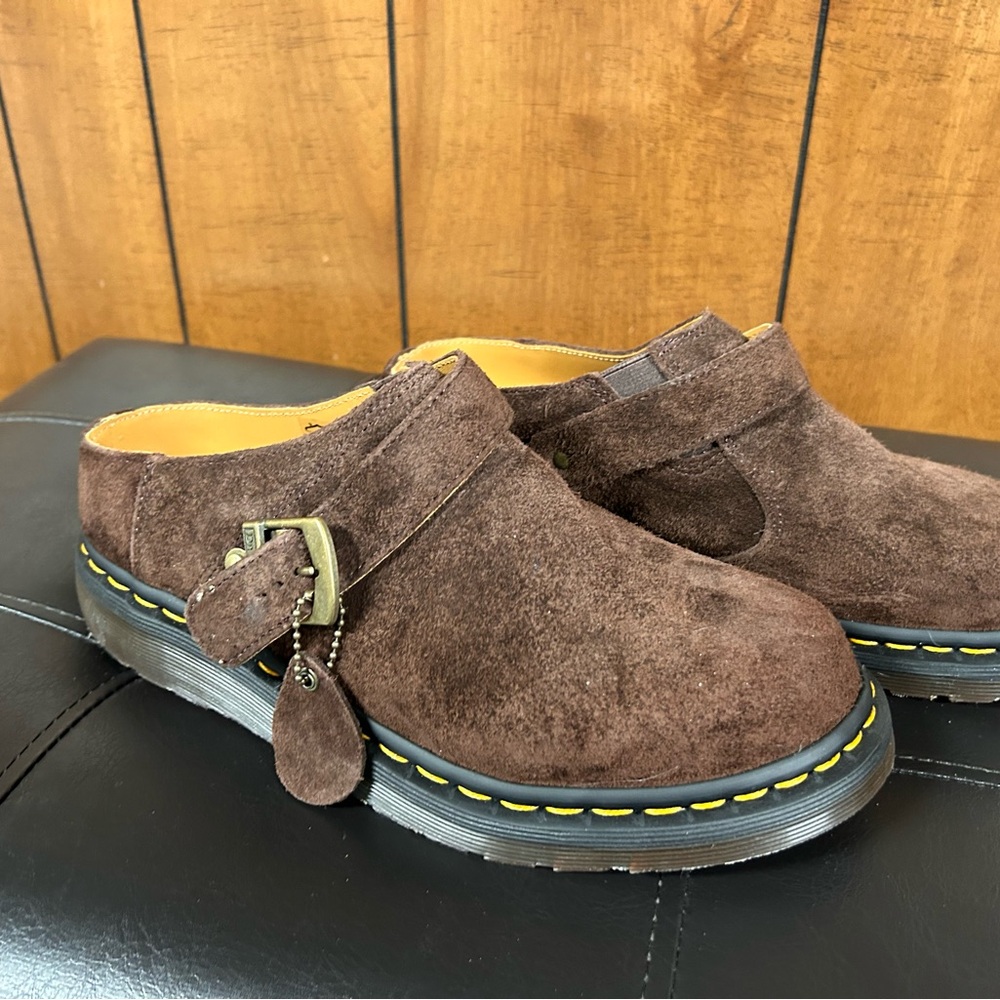Dr. Martens Brown Suede Clog Mules with Yellow Stitching